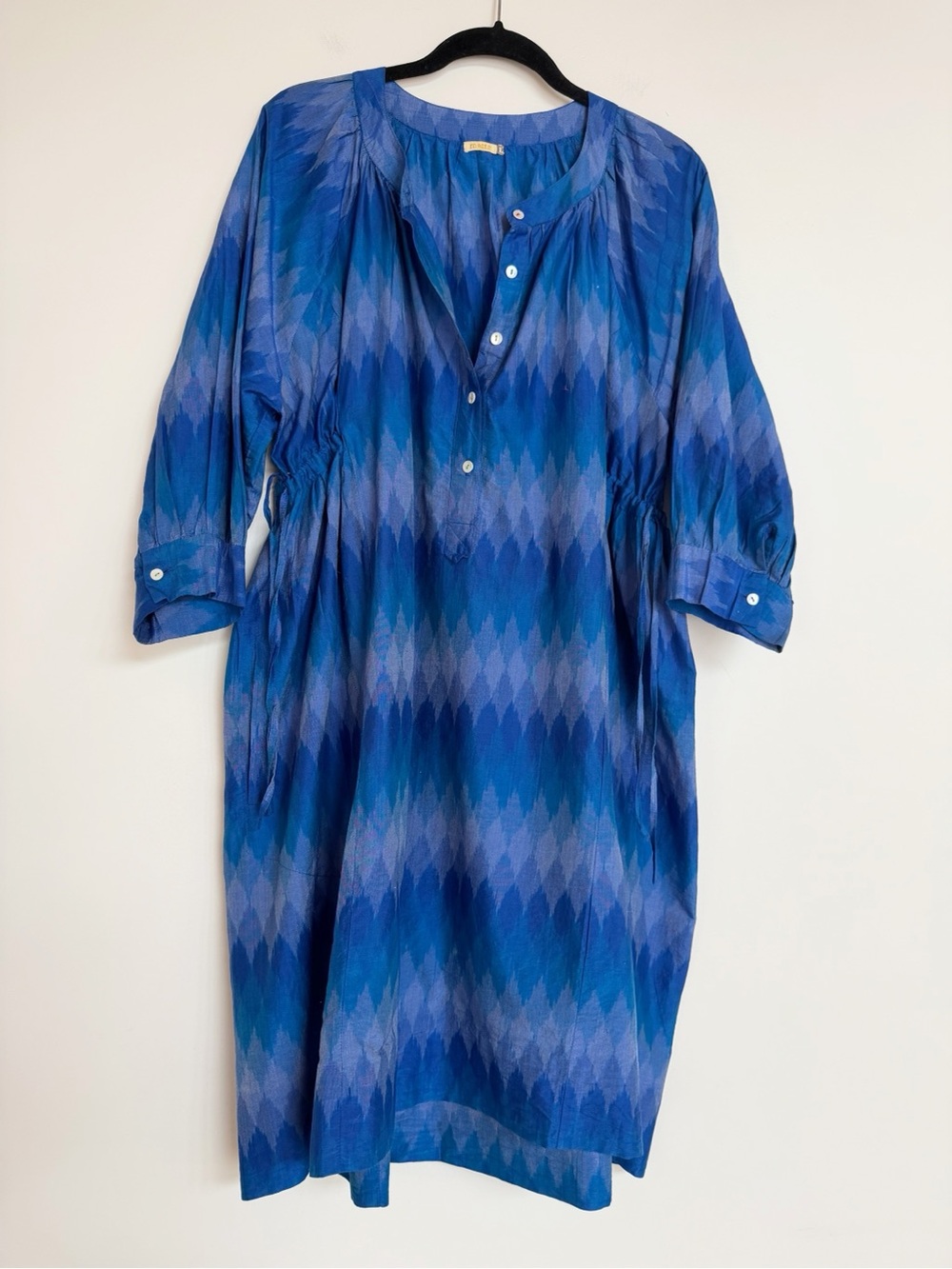 Matta Blue Silk Cotton Shireen Ikat Shirt Dress Size Large